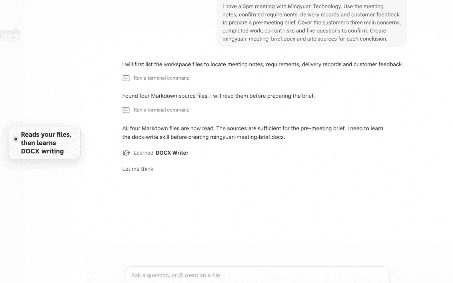 Ncurator reads source material and learns how to write a DOCX document